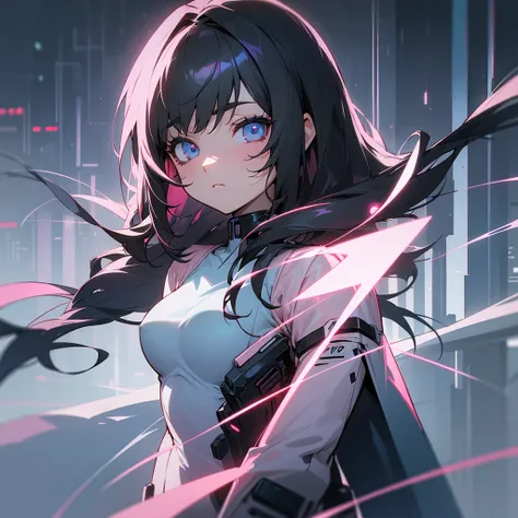 (best detailed), (female), (solo), black hair, (long hair), light blue eyes, (light pink chunky highlights), (slant eyes), expressionless, small breasts, modern city, night, cyber punk, looking viewer,