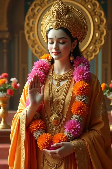 intricate golden headpiece, traditional embroidered attire, multicolored flower garlands, standing pose, hand raised in blessing gesture, indoor ornate gold setting, detailed patterns, rich and vibrant colors, soft lighting from the front, divine and seren...