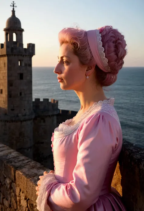 A 16th century Portuguese woman, a mature woman, a beautiful woman, a lonely expression as if waiting for someone, looking out at the sea from the castle walls, the wind blowing from the sea, the setting sun shining on her, the sky dyed pink,