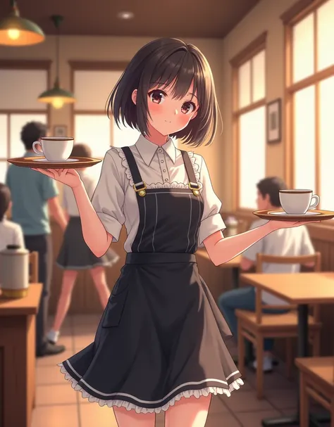 A very cute Japanese high school girl with short bob hair is working as a waitress at a cafe. Her appearance of serving customers in her cafe uniform with a smile is very attractive and attracts everyones attention. In the background, the cafe is bustling.