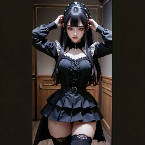 Highest quality　Masterpiece　Masterpiece 8k　A face with incredibly detailed details　Draw a detailed face　ผู้หญิงคนหนึ่งสวมชุดGothic Lolita　full body photo　Kawaii pose　sexy pictures　Focus on the face　Kamimei　Close-up photography　Most users on screen　professi...