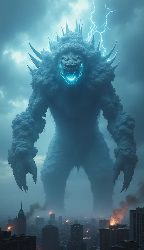 Generate an image of a massive, swirling kaiju with a body made of churning storm clouds and lightning bolts, its eyes glowing like bright stormy seas, with wind-swept claws that can level cities.