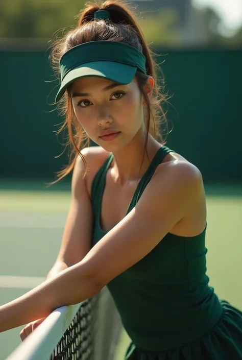 portrait of a beautiful women highly detailed,close-up,Face shot,Midium shot,(film grain),cinematic lighting,Portrait,DSLR,Portrait of female tennis player,A photo of an attractive female tennis player,Cailee Spaeny，wearing a dark green sleeveless top and ...