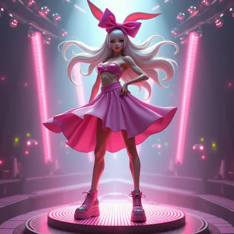 Rocky Rabbit female gender with six pack body and very tall with long hair and pink dance hat with bow and swing dress and pink short skirt standing on platform at disco