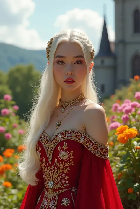 fantasy, Princess Targaryen, bright day, in the garden, lots of flowers, a girl with white hair, in a red dress embroidered with gold threads of rubies and diamonds, with open shoulders, looks like Jessie Mae Lee, on the background of a castle, HD