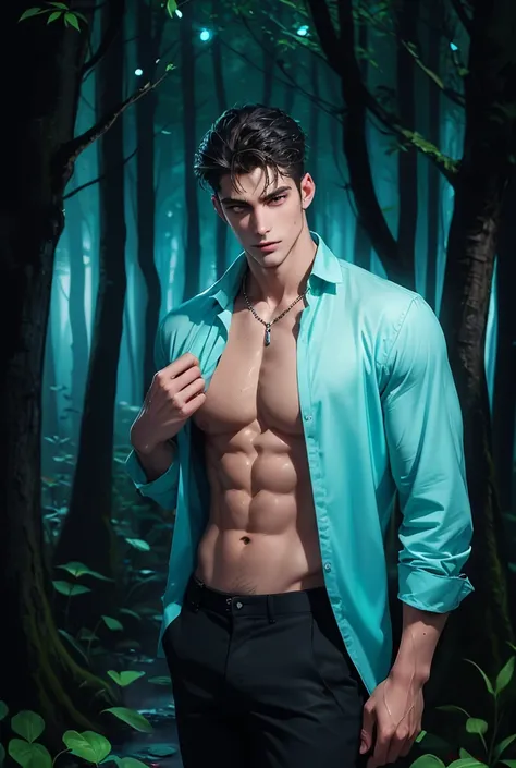 Oil painting of a strikingly tall handsome young man with a lean, muscular build stands in the heart of a mystical forest at twilight, solo, perfect facial features, smooth skin, a hot glow in his skin, sexy gaze, looking at the viewers romantically, sexy ...