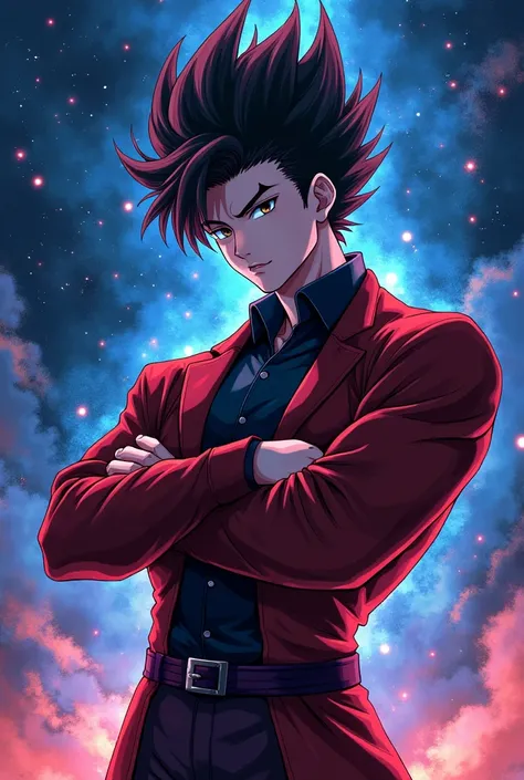 God Young anime man with black and red hair, in the background a starry sky with his arms crossed and well-muscled