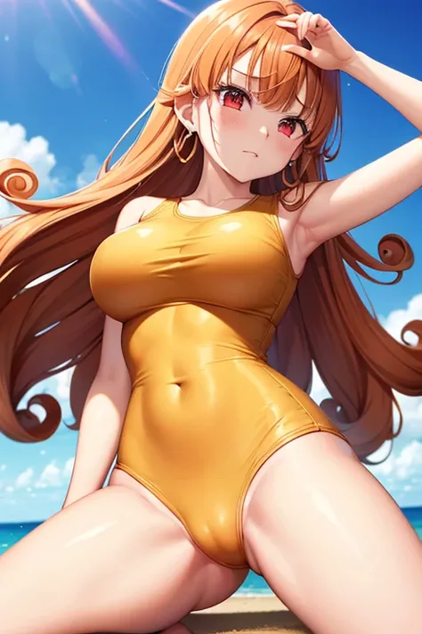 DQ4-ALENA,curly hair,earrings,long hair,orange hair,red eyes　Tattered high-cut swimsuit　Losing the battle and falling　Unable to move　Being caressed by a man I hate