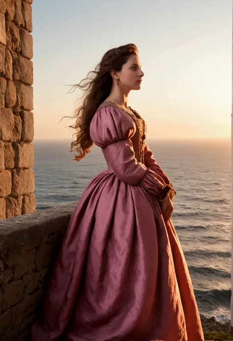 A 16th century Portuguese woman, a mature woman, a beautiful woman in a brown old-fashioned dress, with a lonely expression as if waiting for someone, standing on a castle wall overlooking the sea, the wind is blowing from the sea, the setting sun is shini...