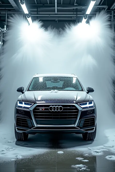 Create YouTube shorts thumbnail for audi Q7 foam wash realistic image with text written on top as audi Q7 foam wash 