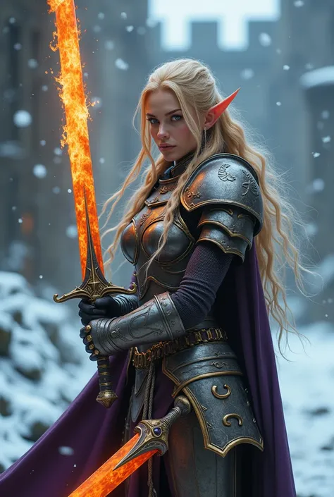 Tema del juego World of Warcraft Image of an female Blood elf Knight,aged 32,blonde Hair flowing with the wind,side view, standing holding her favourite Two handed magical Fire Sword ,Long elf ears, bright glowing Golden eyes, extremely realistic and intri...