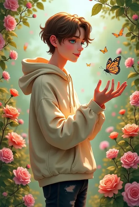 (photorealism:1.2), Beautiful man, Body type- look cute and adorble small, feminine like body, soft curves, skinny, little muscle, small pointed nose, small cute thin lips, Light brown hair and Turquoise/aqua eyes with soft smill standing in the rose flowe...