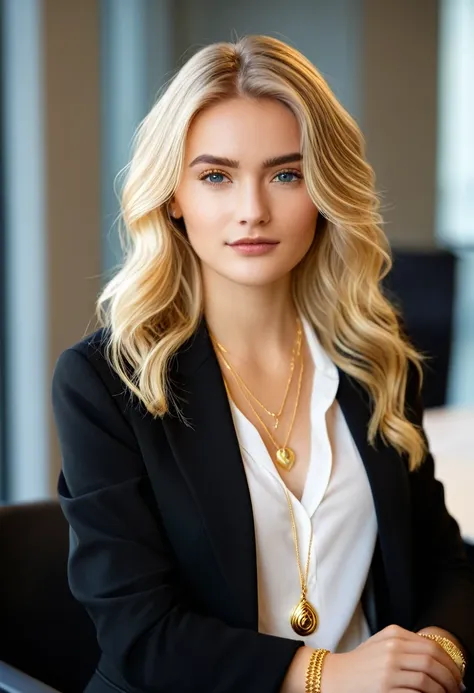 professional, Long blond hair, Wavy, black blazer, White shirt, Gold necklace with pendant, Take a seat, indoors, Office Environment, Natural Lighting, Soft shadows, Confident atmosphere, Front view, close up, Balanced exposure, No motion blur.