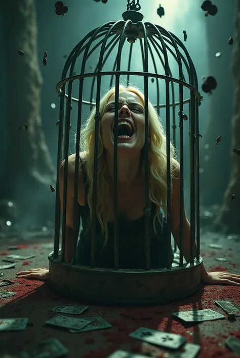 A blonde screaming woman is trapped in a cage, There are cards on the floor and mirrors floating around them, from which a light shines on them, justice has condemned them. apocalyptic scene,  bloody scene