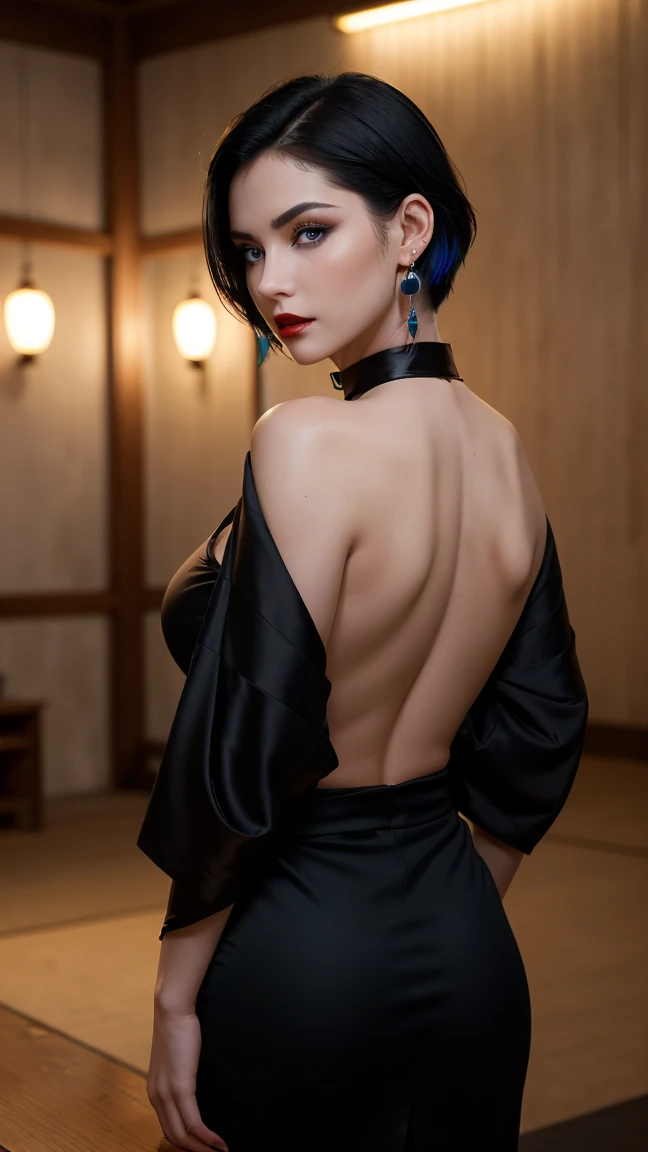 1 beautiful woman, 20 years, pale white skin, short black hair (with white reflections, multicolored hair, Very bright blue eyes (vampire eyes), perfect body, perfect abdomen, Perfectly round butt, make up, Red lips, earrings, collar ., choker, wifes, Acce...