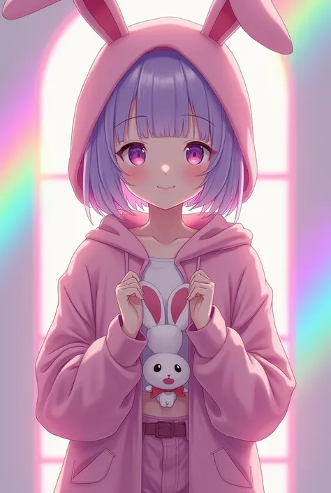 Rainbow halation highlights hitting the face。She is smiling and looking shyly forward.。A big smile。Medium-long, pastel purple hair, light pink eyes。 She is wearing a pink rabbit hat.。 She is wearing an oversized pink hoodie over a pink camisole.。She is wea...