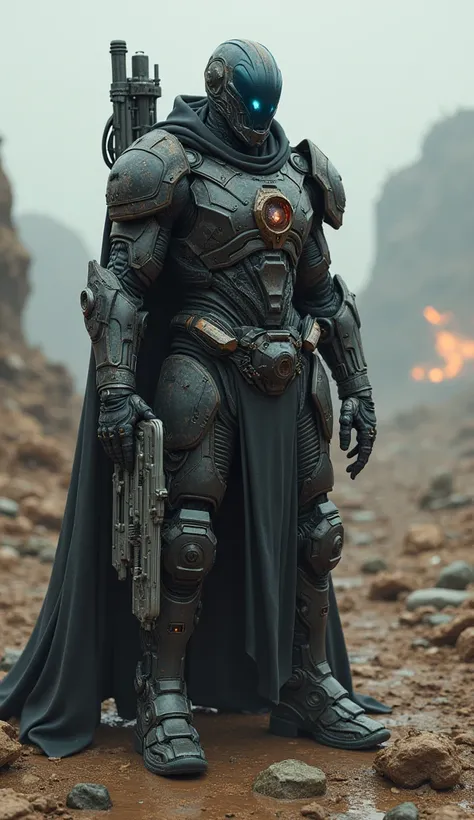 A dark hero with cybernetic enhancements, half his face replaced with a metallic mask, and a glowing blue eye. His body is covered in advanced, battle-worn tech armor, and he holds a futuristic weapon. The background is a post-apocalyptic wasteland, with b...