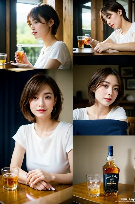 8k,Brown short hair,The best smile、Japanese actress,Super Beauty(Like the real thing),Short sleeve dress,Whiskey bottles、The Macallan、Johnnie Walker、、Old Parr、whiskey、Suntory、Nikka、Slim Couple、Model Couple、(Realistic, Intricate details:1.2), full-course di...