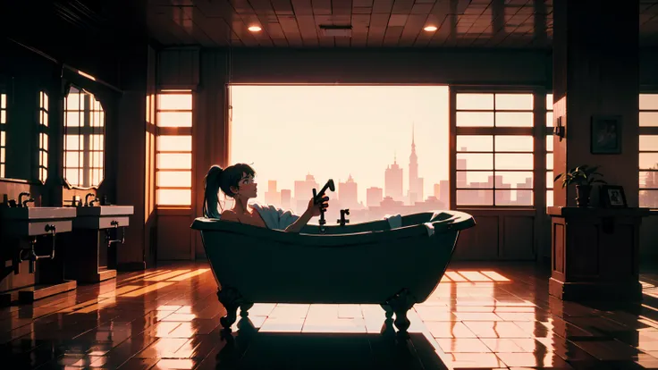 Living alone, Bathroom, Woman wearing bathrobe, barefoot, relax(Backlight: 1.1), A scene from a movie, Soft Shadows, masterpiece, Highest quality, Complex, Model shooting style, Film Grain, Upshot, Blue tones