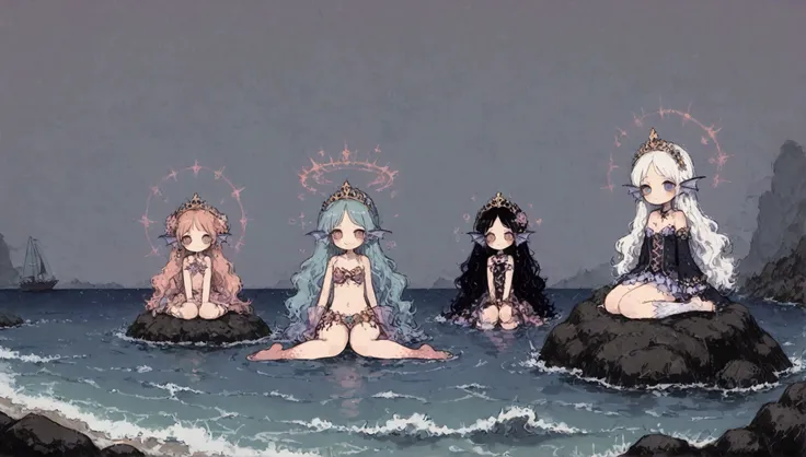 a song is coming from the distant sea, at center evil mermaid(girl with lower body fish) smiling sitting on a rock floating sea and singing and colorful circle hypnotic sound wave effects from her can be seen, BREAK ,background many people drowning in the ...