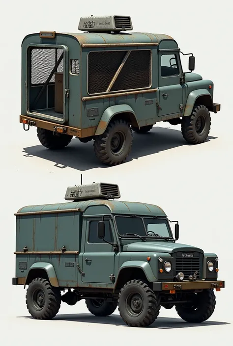 Create a  4 wheel vehicle with aircon and cage for prisoner
