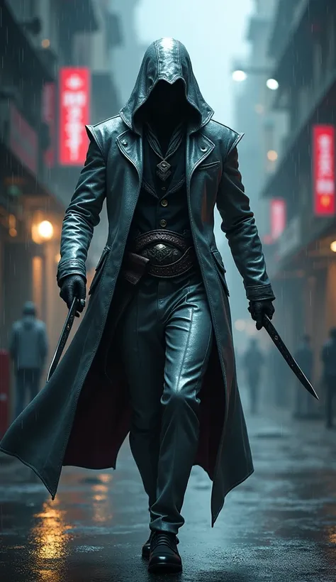 A dark hero who is a master assassin, dressed in a sleek silver outfit and hiding his face with a hood. His eyes glimmer faintly in the darkness, and he handles two daggers with precision. The setting is a rain-soaked, neon-lit citys narrow alleys. An atmo...