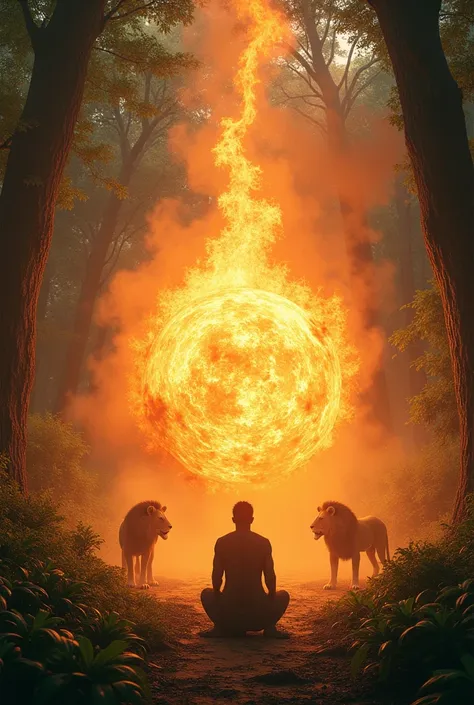 A picture of someone on their knees receiving a raging ball of fire during the day in the woods surrounded by Lions and begins of light 
