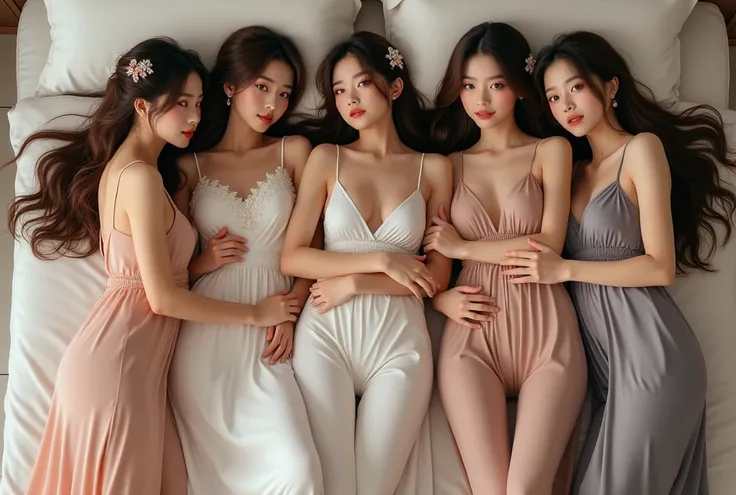 Five beautiful young Asian female students, aged 18-19, wearing long dresses and long pants., long hair, brown hair, chest, chestใหญ่, decorationsผม, decorations,  Lying down and posing on the bed 