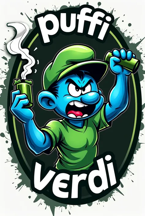 Design a powerful and dynamic logo illustration for a gym-themed sports fan group, but with a playful twist. The logo should feature a central figure that resembles a Smurf character, colored green instead of blue. The character should have exaggerated, st...