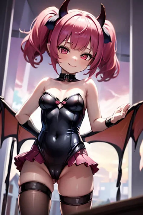 (masterpiece,best quality,ultra-detailed), an anime naughty and sweet succubus. She has candy pink m-shaped bangs short hair with twin ponytails, ruby round eyes, fruit bat ears and wings, wearing a butterfly cutout leotard with ruffle skirt succubus attir...