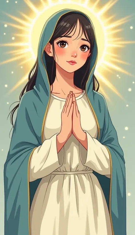 Beautiful young virgin Mary, Small eyes, Small breasts, heaven, Korean manga style illustration, Thick outline, Flat Color, whole body