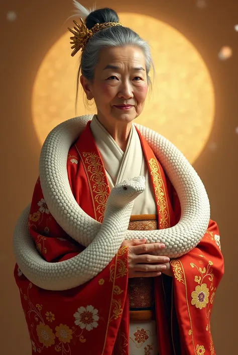 ((Highest quality)), ((masterpiece)), (detailed), A wise older Japanese woman with her gray hair neatly tied back, wearing a traditional kimono richly embroidered with gold, holds a majestic white snake behind her, symbolizing wealth and prosperity. The sn...