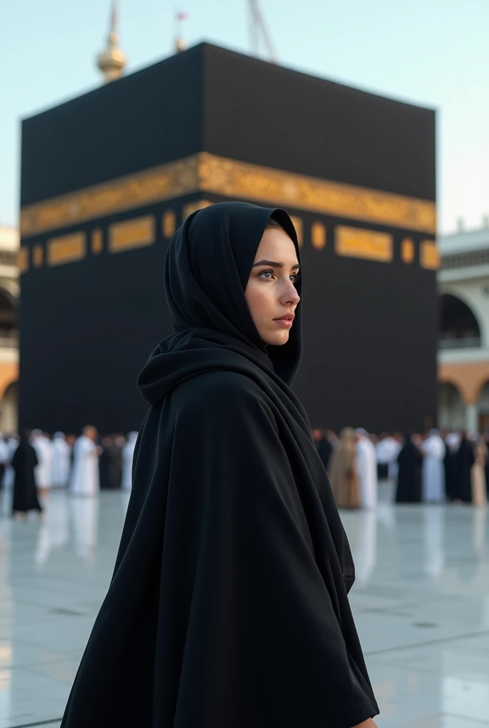 A  irani girle with blak hijab chadar blue eye and standing back of kaaba