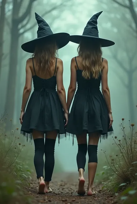 Two  ladies dressed like witches (around 20 years old ) they wearing short dresses , black pants , they are barefoot 