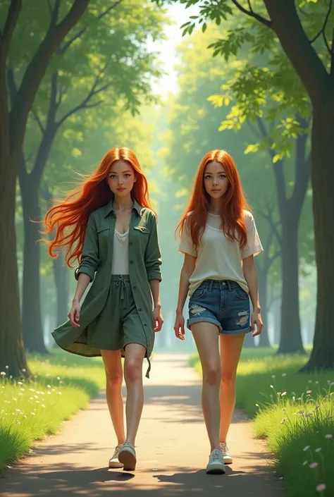 Create an image of a 2 girl, walking not park, she has long red hair, blue colored eyes. photo realist