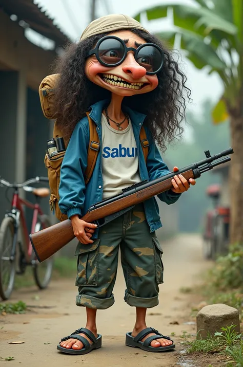 A full body potrait.A wierd thin Dirty 
 use round sunglasses, have lots of  holes gaps teeth  ,long mesy curly hair, wore lop headgear, indonesia  backpack  of saw, hammer,  ,, wear white singlet with written in Blue " SABUN " blue jacket jeans, army celo...