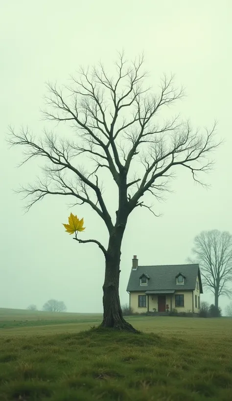 A tree has one leaf on its branch. In front of the house