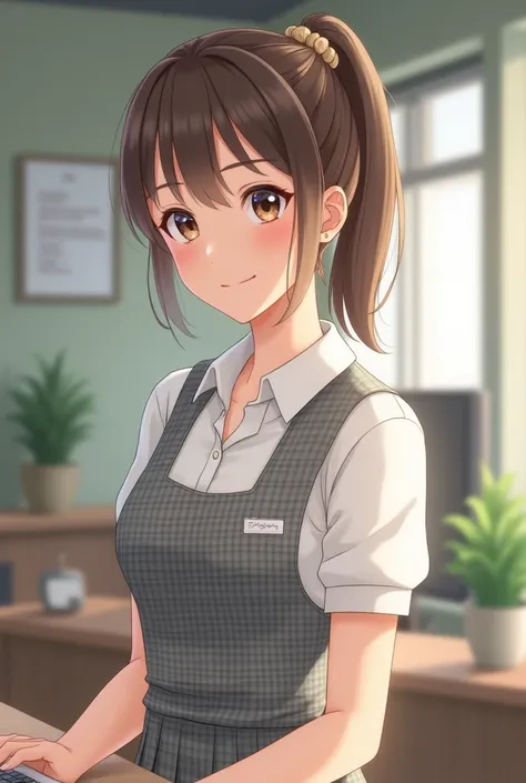 Goto Nobu　woman　ponytail　Beige scrunchie　A soft smile　clerk　Light grey checked office uniform　Best　White shirt　Tight Skirt　Magazine gravure　Dimples　Long round face　Pink Lips　Light red blush　Mouth is a little small　Light brown hair　Smooth and straight hair　...