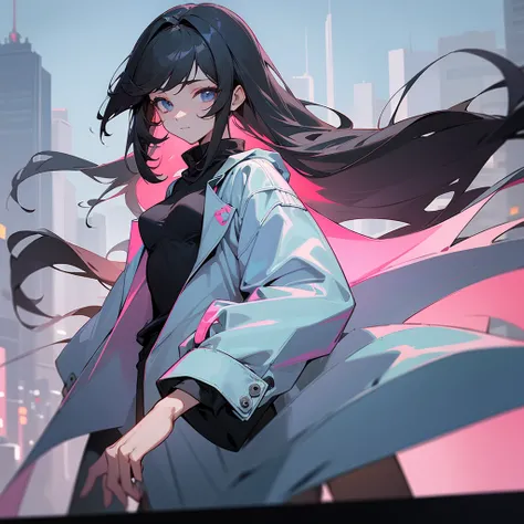 (best detailed), (female), (solo), black hair, (long hair), light blue eyes, (light pink chunky highlights), (slant eyes), expressionless, small breasts, modern city, night, coat, shirt, pants, boyish, hard-boiled, cool mild Smile, looking viewer,