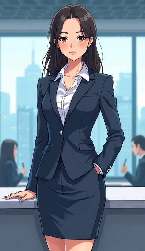 Young and beautiful female announcer, Small eyes, Small breasts, business suit, Television Station, Korean manga style illustration, Thick outline, Flat Color, whole body