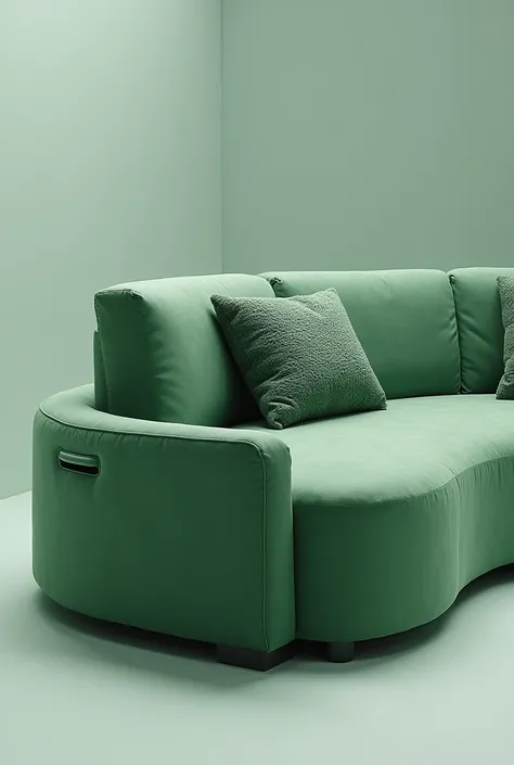 Generate me a sofa of l shaped with round shape seating and round handles of cylindrical shapes of seating and handle with pu green leather and white boucle 