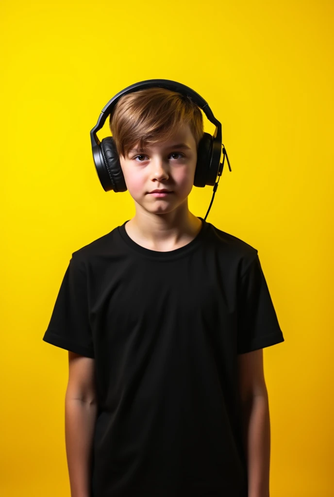 A boy wearing gaming headset in black tshirt with plane yellow Background 
 