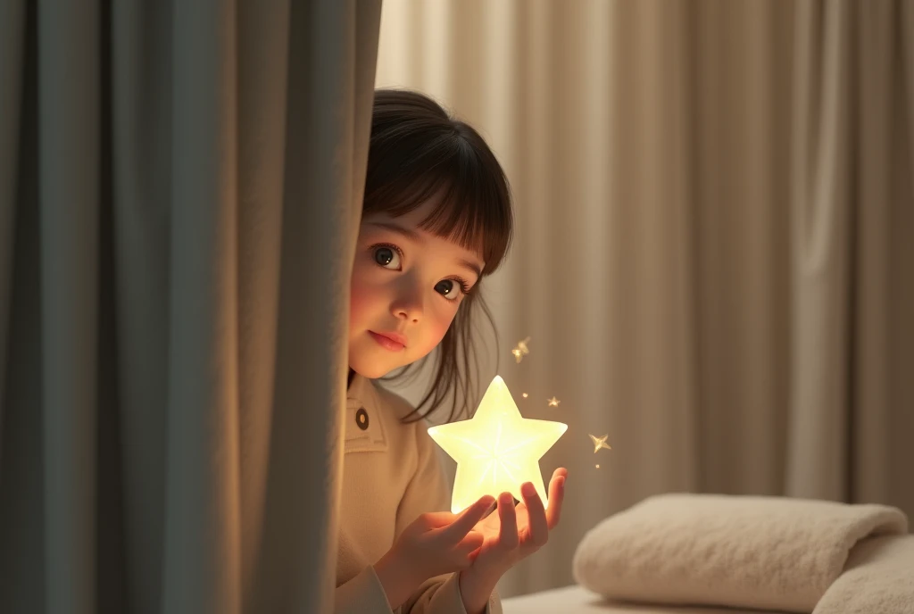 A girl peeks out from behind a grey curtain, demonstratively holds a star in his hand, massage room in beige tones, Spa, minimalism, unreal engine, 8 K, gray and beige tone, dark colors, Fantasy, conceptual art, Realism, aerial, detailed, cinematic