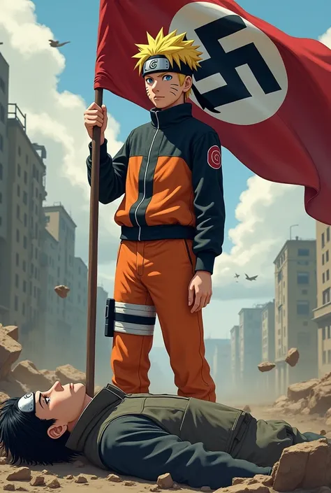 Epic picture of Naruto who is holding a nazi flag after a 10 days fight against Sasuke who is dead on the ground