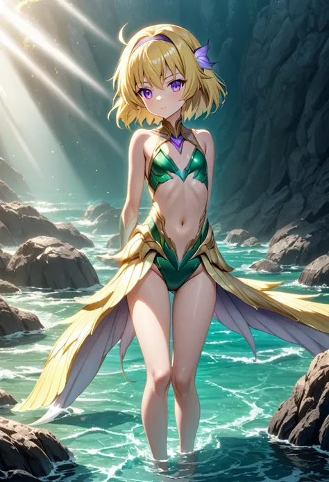 (siren), (houjou_satoko), sirnwobrd, 1 female, alone, yellow hair, blonde, purple eyes, short hair, (hair band), flat chest, , s...