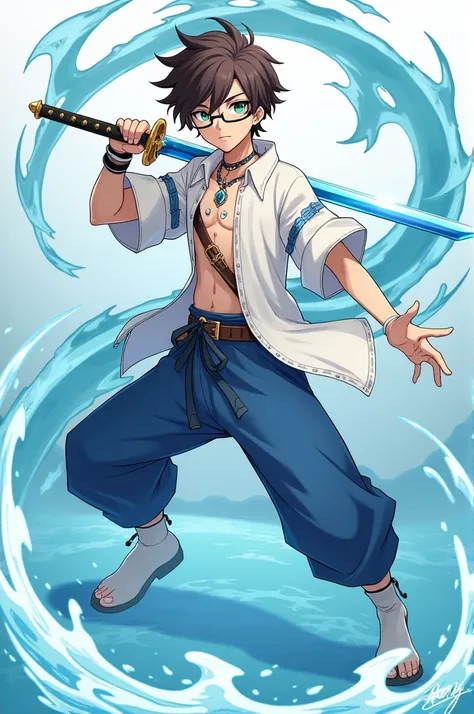 a genshin impact character. he has slight tanned skin, wave tattoos, short brown curls, green eyes, wears glasses, piercings and jewelry. He wears a wide white shirt and blue harems pants. he has water powers and uses a sword. its in the style of genshin i...