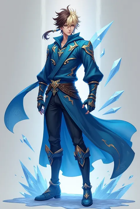 Create a Genshin Impact character. The man has two-toned hair, blonde on the left and brown on the right. He mostly wears black clothing. He has  ice powers, and his weapon is a sword. Show him standing completely. Give him blue clothes 