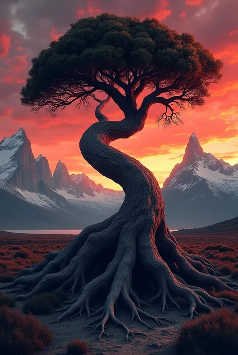 A Magellanic lenga bent by the wind , with exposed roots, and with the same roots the word kiooshtem is written , the towers of paine in the background , in a reddish sunset , in degrade in the background of the reddish sky the word Puerto Natales is writt...