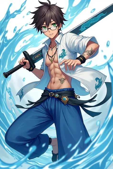 a genshin impact character. he has slight tanned skin, wave tattoos, short brown curls, green eyes, wears glasses, piercings and jewelry. He wears a wide white shirt and blue harems pants. he has water powers and uses a sword. its in the style of genshin i...