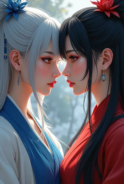 Silver-haired and black-haired twin Chinese martial arts masters　

Silver hair is in white and blue court clothes, black hair is in red and black court clothes, both are 20 years old, female, silver hair is Yuki-onna type, black hair is seductive type, sil...